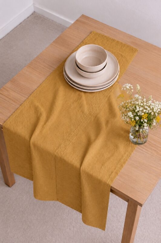 Spring Linen Table Runner — styled along a dining table