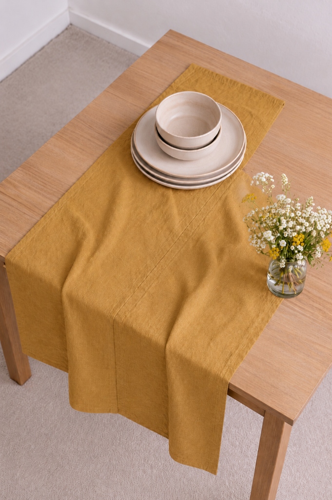 Spring linen table runner dusty blue sage pastel washed flax on brunch table with tulips
