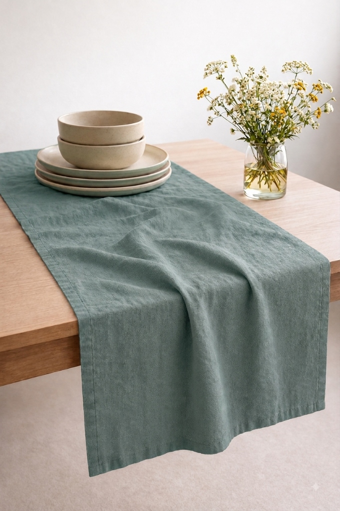 Teal linen table runner deep jewel-tone washed flax evening candlelit table