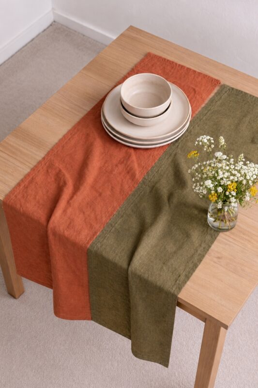 Terracotta Linen Table Runner — styled along a dining table