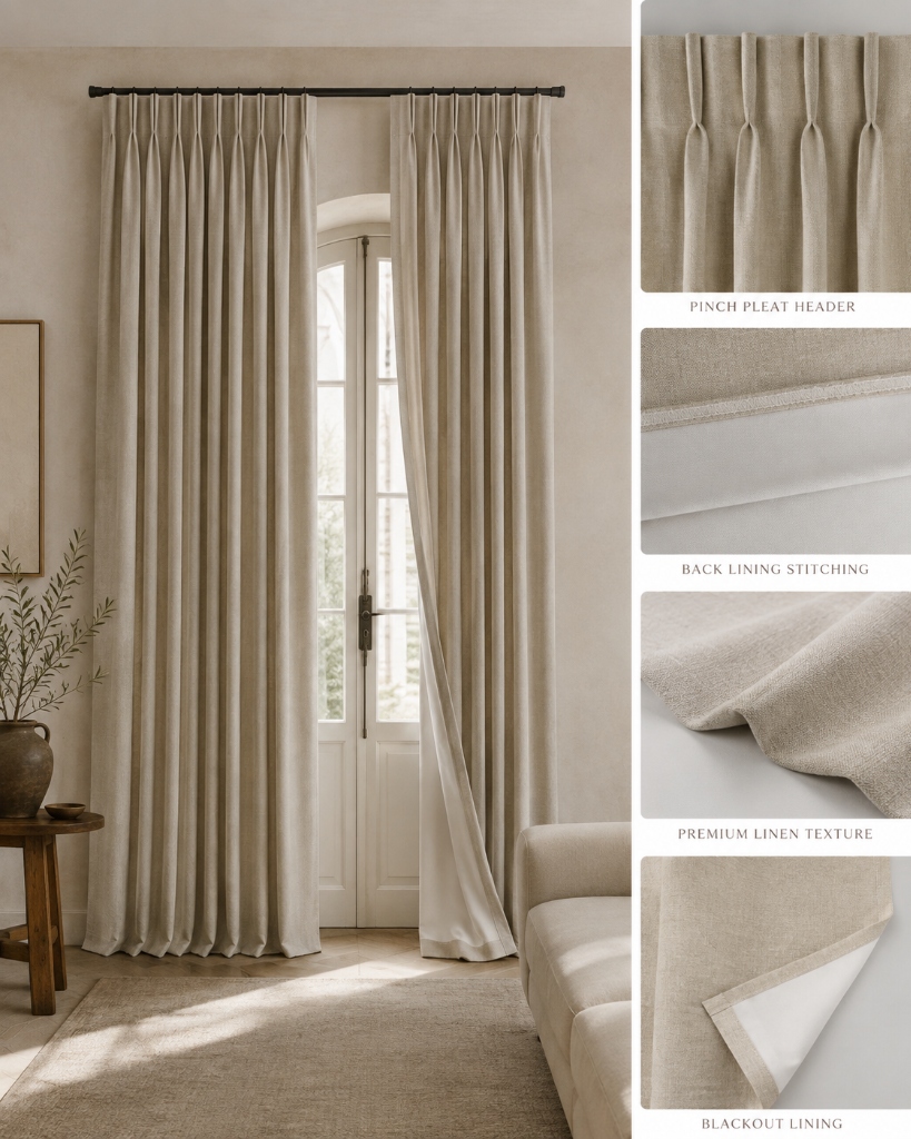 Thermal blackout curtains 290 gsm 3-pass ceiling-mounted with return brackets Ink at a bedroom window