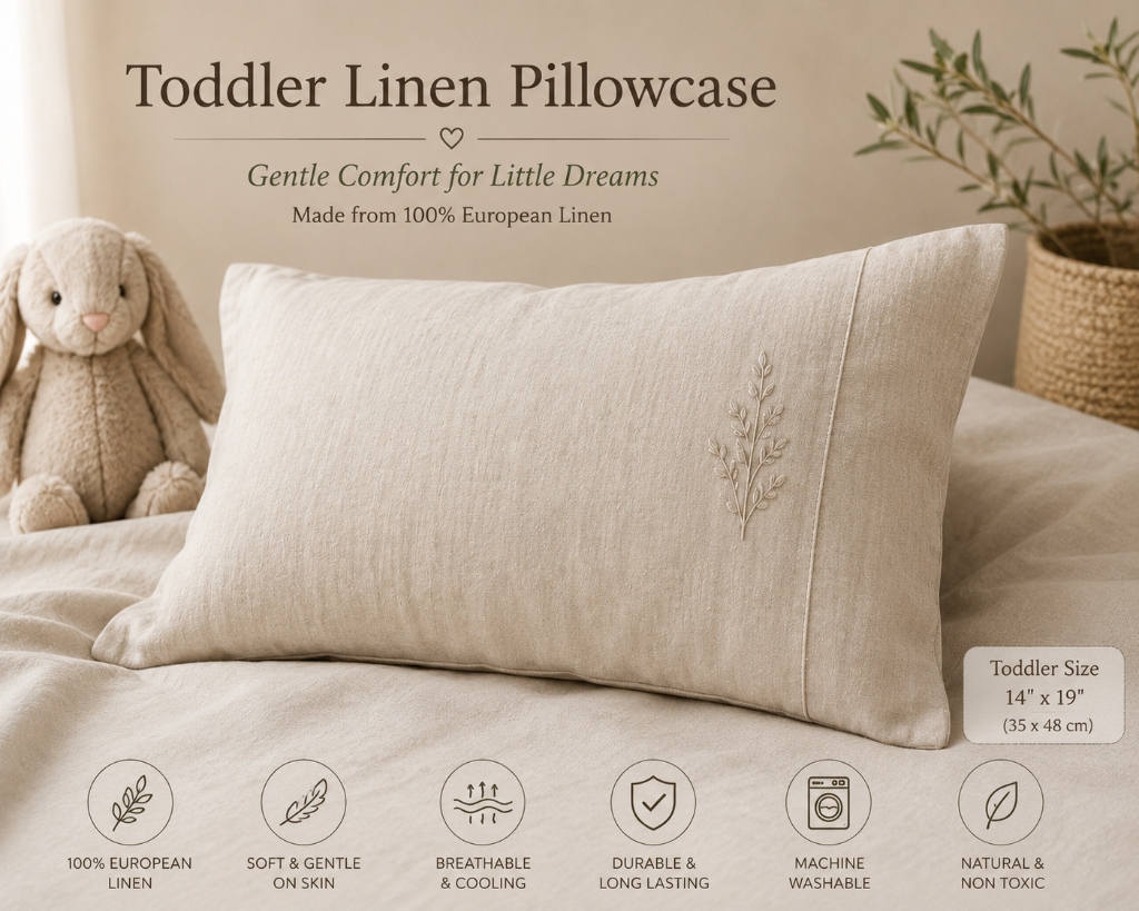 Toddler pillowcase in Bone GOTS organic cotton on a small child bed 14 by 19 inch