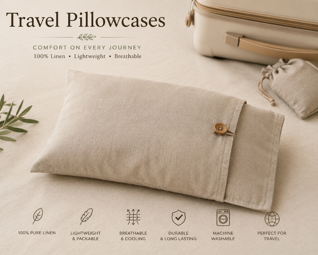 Travel pillowcases in Fog Grey on a U-shape neck pillow rectangular travel pillow cotton percale