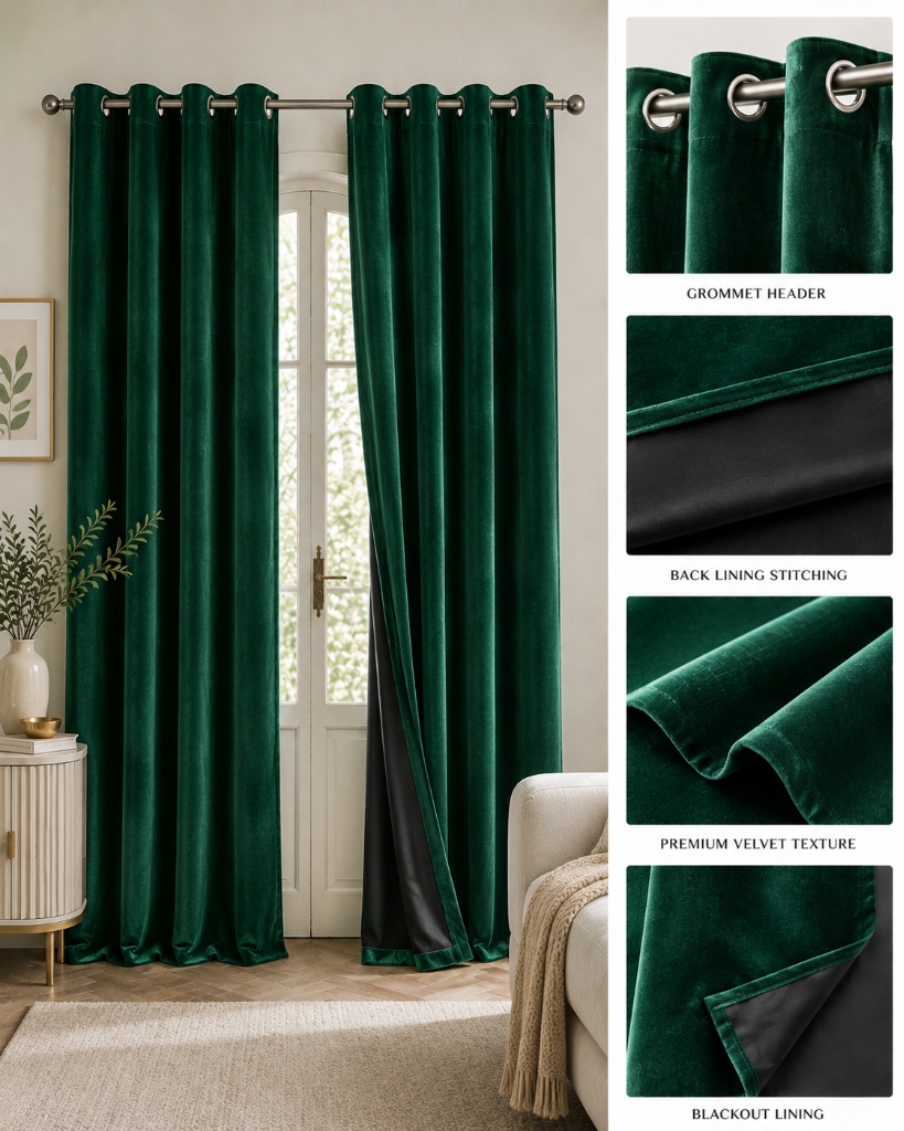 Velvet blackout curtains 380 gsm dense pile Ink nap-down at a formal bedroom window