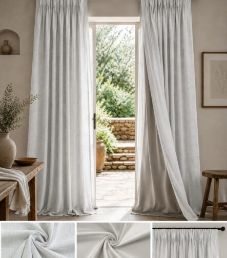 White Blackout Curtains — hung at a window