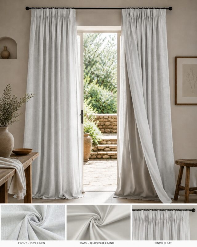 White Blackout Curtains — hung at a window