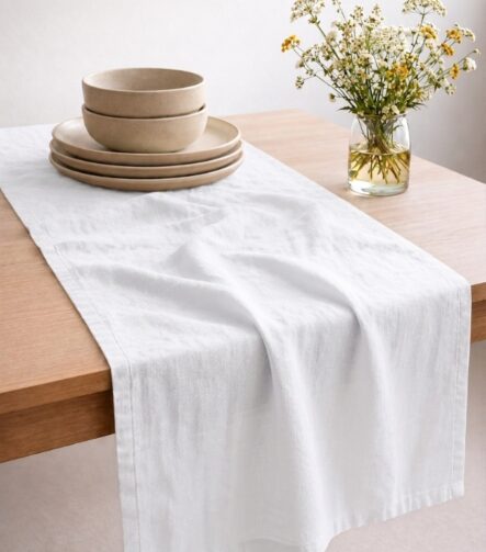 White Linen Table Runner — styled along a dining table