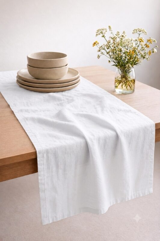White Linen Table Runner — styled along a dining table