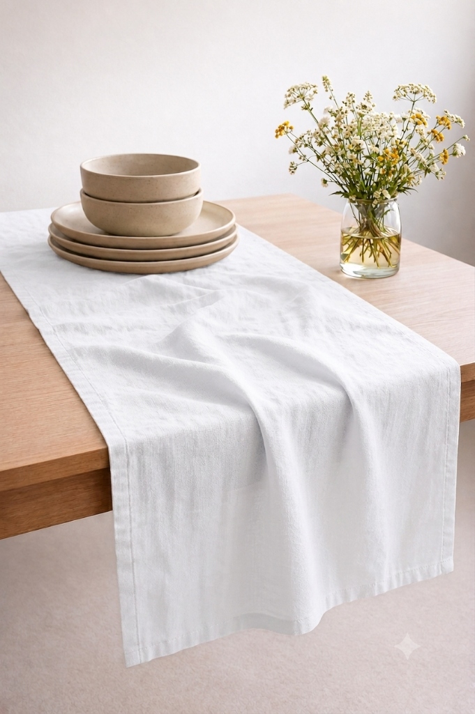 White linen table runner crisp true-white washed flax on dark walnut formal dining table