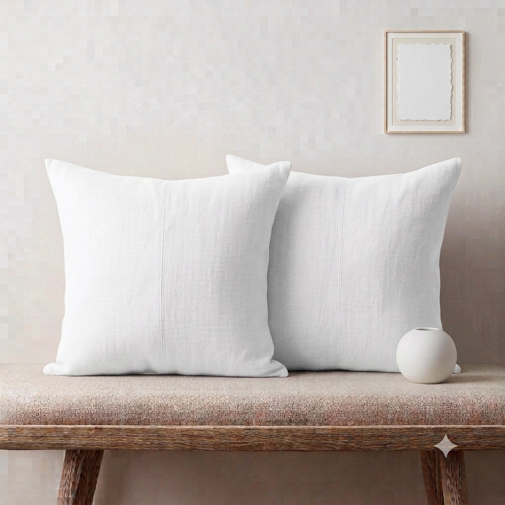 White throw pillows on a linen sofa true white off-white cream and Bone cotton