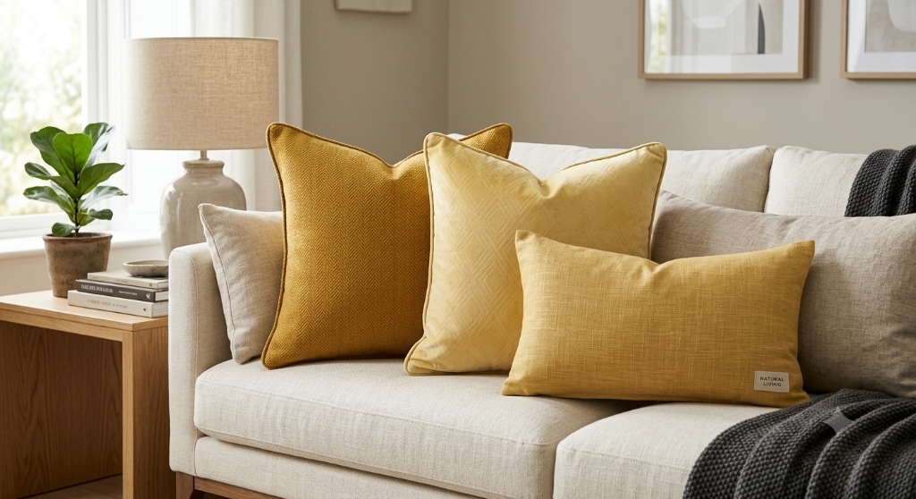 Yellow throw pillows Mustard Gold Ochre Butter cotton linen on a grey sofa